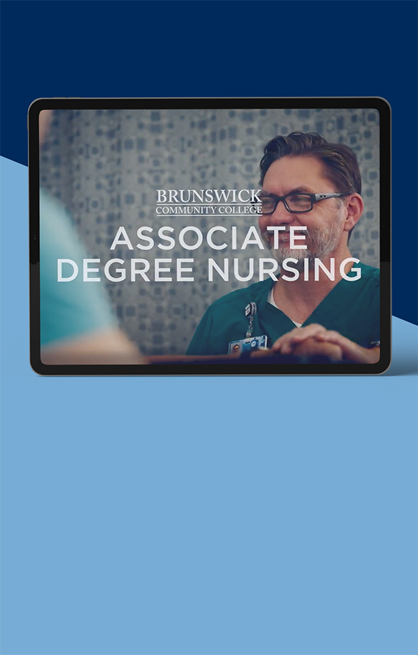 Tablet displaying portfolio preview of Brunswick Community College nursing degree video
